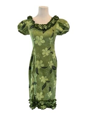 90s Island Aloha Wear Muumuu Dress Green Plumeria Fishtail Hem Ruffles Size S